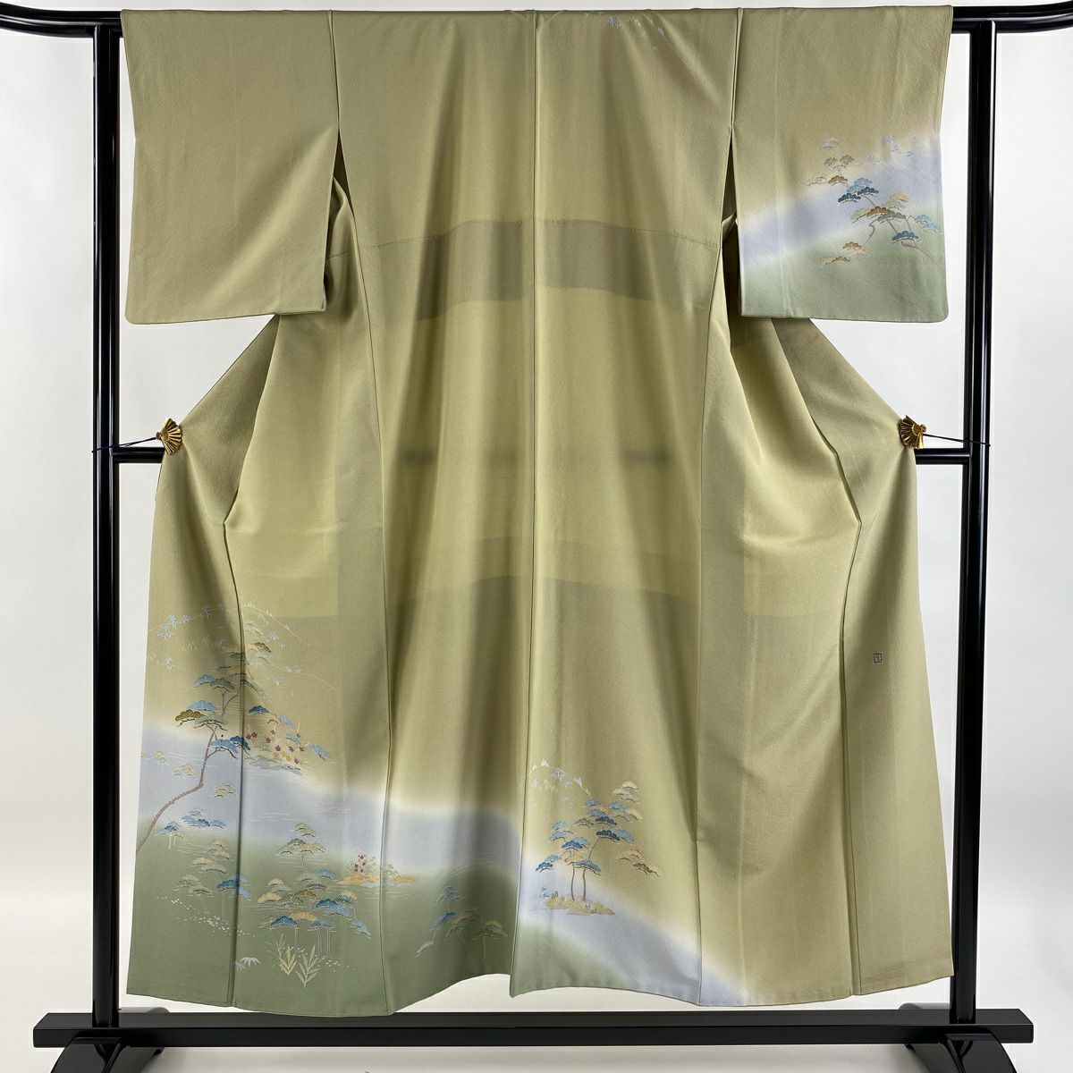 【庫存清倉】訪問服 身長153cm 袖長61cm S 雙層 落款 松樹竹子梅花 山並 染分 ぼかし 灰綠 純蠶絲 優品級