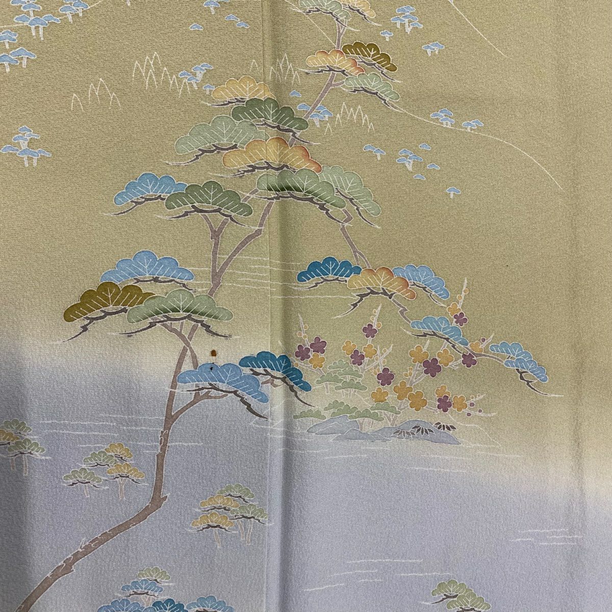 【庫存清倉】訪問服 身長153cm 袖長61cm S 雙層 落款 松樹竹子梅花 山並 染分 ぼかし 灰綠 純蠶絲 優品級