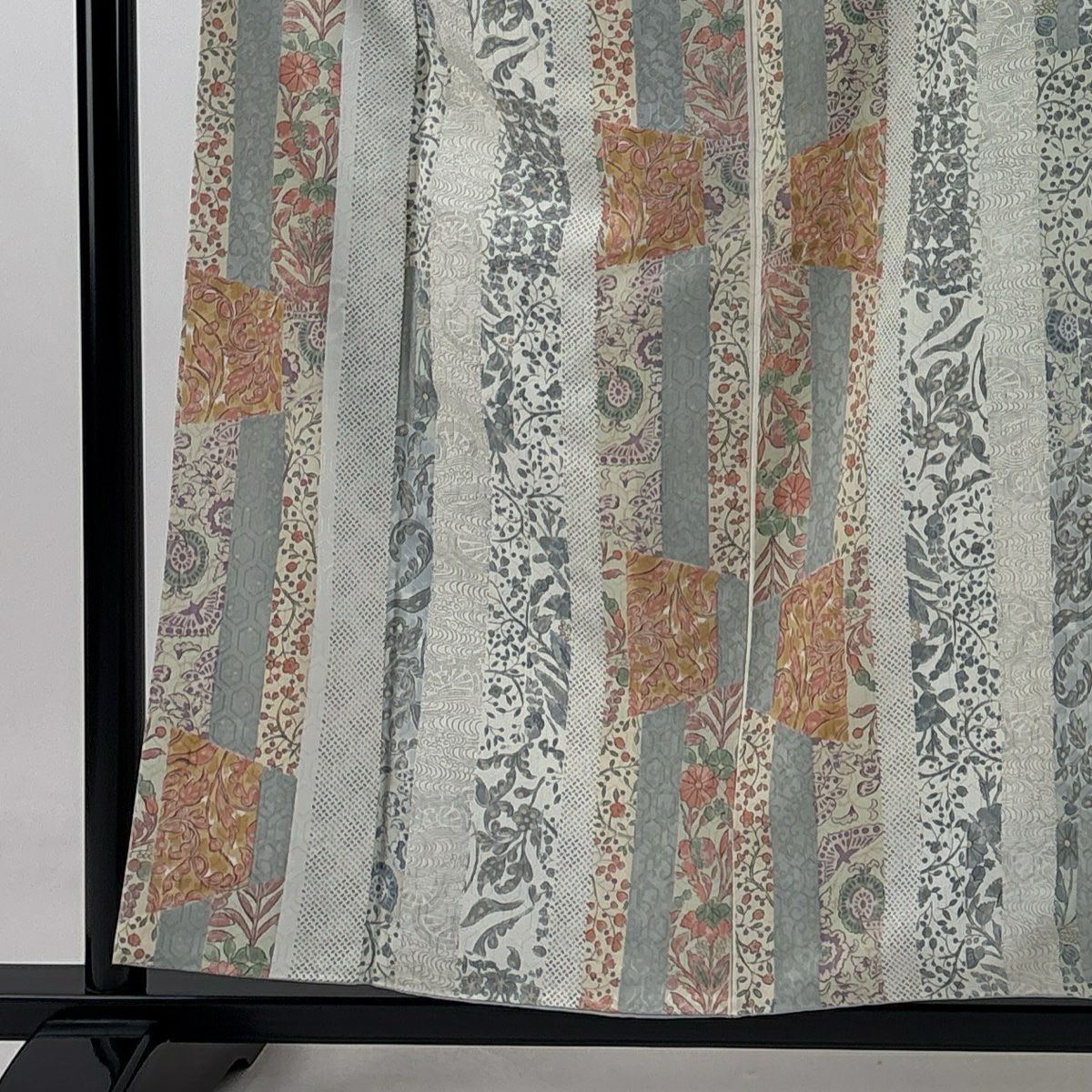 【庫存清倉】 小紋 身長157cm 袖長62cm S 雙層 草花紋 縱條 灰白 純蠶絲 優品級