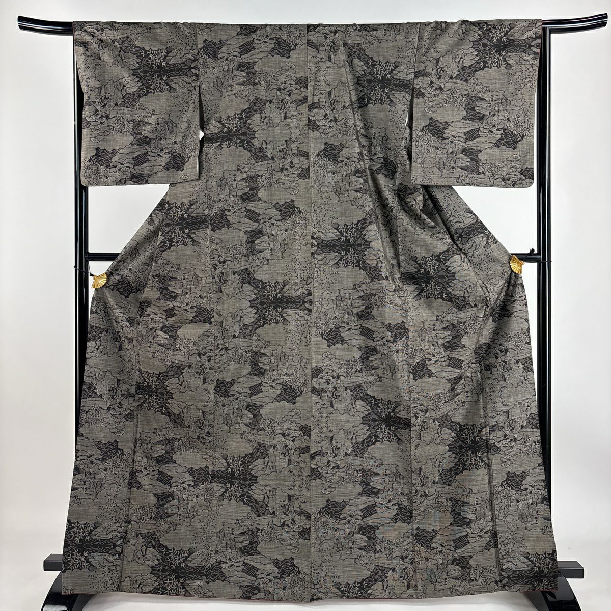 【庫存清倉】 紬織 身長166.5cm 袖長66cm M 雙層 雲紋 人物 焦茶 純蠶絲 美品 秀品級
