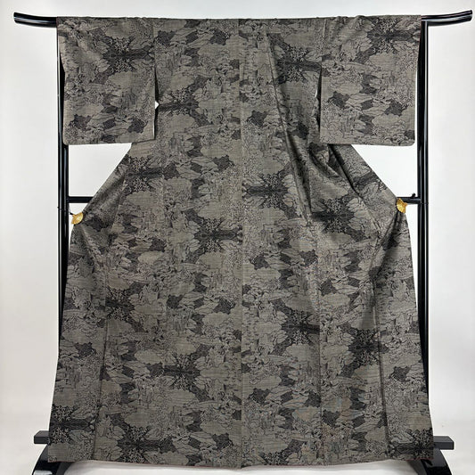 【庫存清倉】 紬織 身長166.5cm 袖長66cm M 雙層 雲紋 人物 焦茶 純蠶絲 美品 秀品級