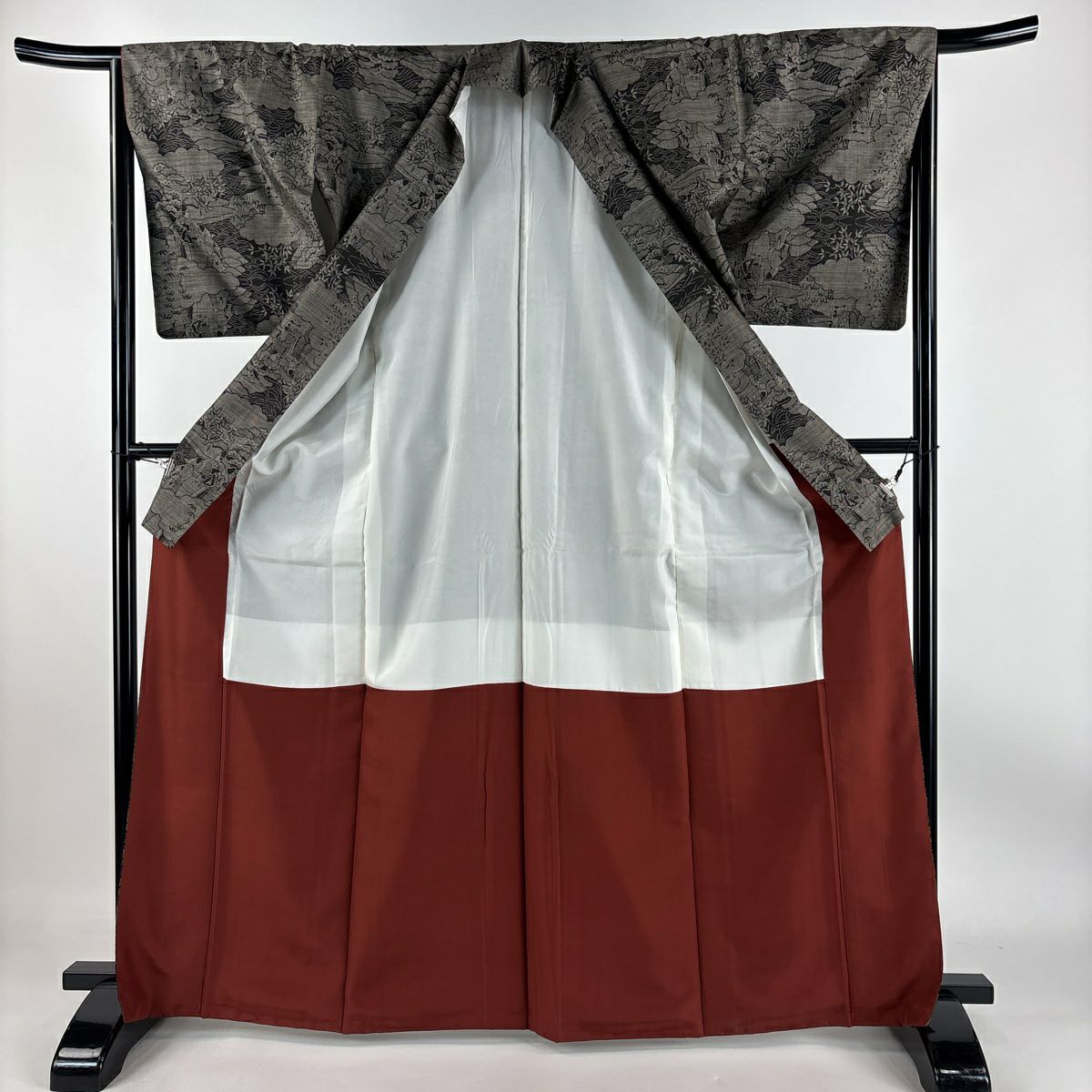 【庫存清倉】 紬織 身長166.5cm 袖長66cm M 雙層 雲紋 人物 焦茶 純蠶絲 美品 秀品級