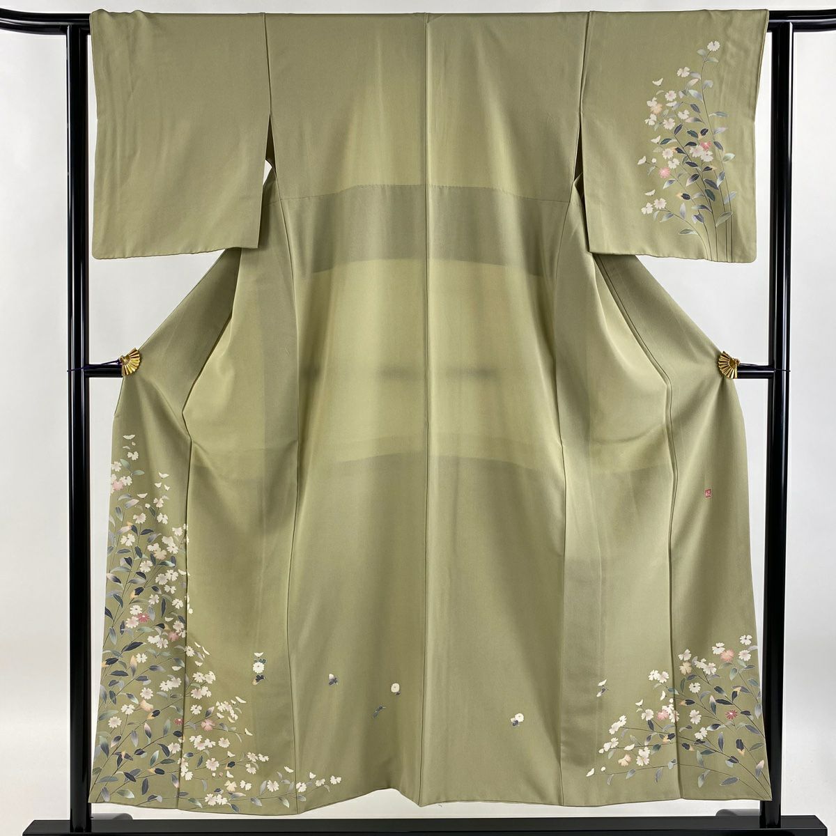 【庫存清倉】 付下 身長151cm 袖長61.5cm S 雙層 落款 草花紋 灰綠 純蠶絲 美品 秀品級