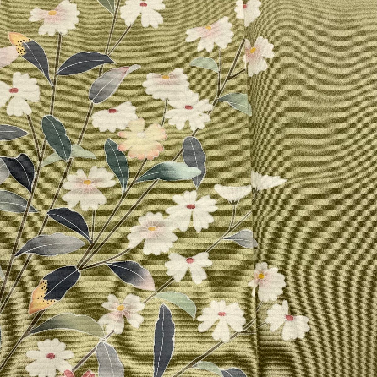 【庫存清倉】 付下 身長151cm 袖長61.5cm S 雙層 落款 草花紋 灰綠 純蠶絲 美品 秀品級