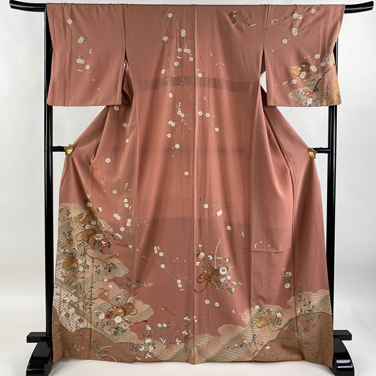 【庫存清倉】訪問服 身長168cm 袖長66.5cm M 雙層 文箱 草花紋紋 金絲 金銀彩 粉紅 純蠶絲 優品級
