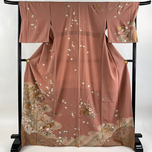 【庫存清倉】訪問服 身長168cm 袖長66.5cm M 雙層 文箱 草花紋紋 金絲 金銀彩 粉紅 純蠶絲 優品級