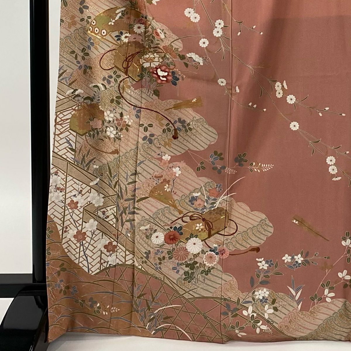 【庫存清倉】訪問服 身長168cm 袖長66.5cm M 雙層 文箱 草花紋紋 金絲 金銀彩 粉紅 純蠶絲 優品級