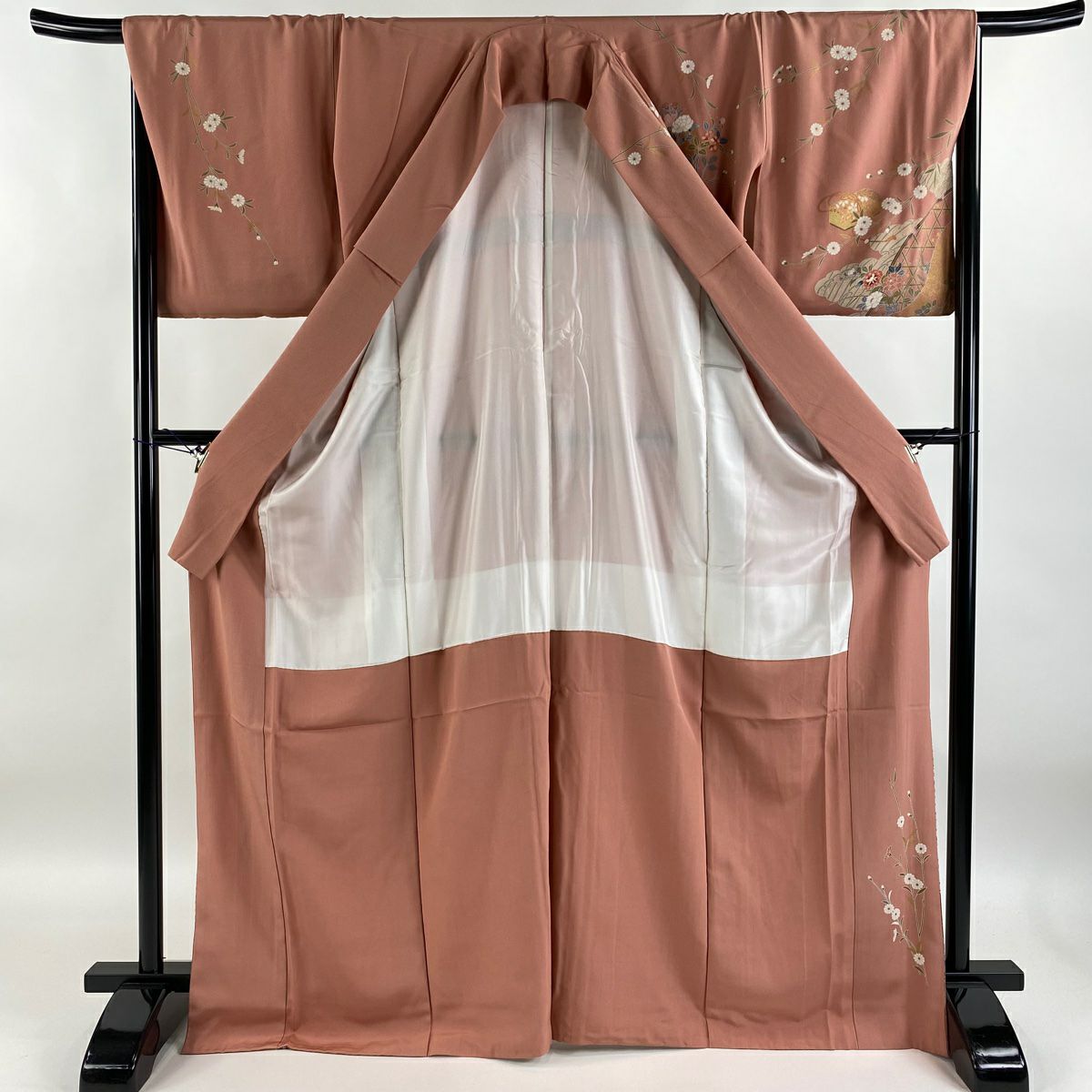 【庫存清倉】訪問服 身長168cm 袖長66.5cm M 雙層 文箱 草花紋紋 金絲 金銀彩 粉紅 純蠶絲 優品級