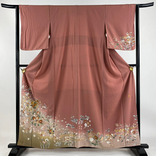 【庫存清倉】 付下 身長156.5cm 袖長63cm S 雙層 落款有 雪輪 草花紋 金銀彩 粉紅 純蠶絲 優品級