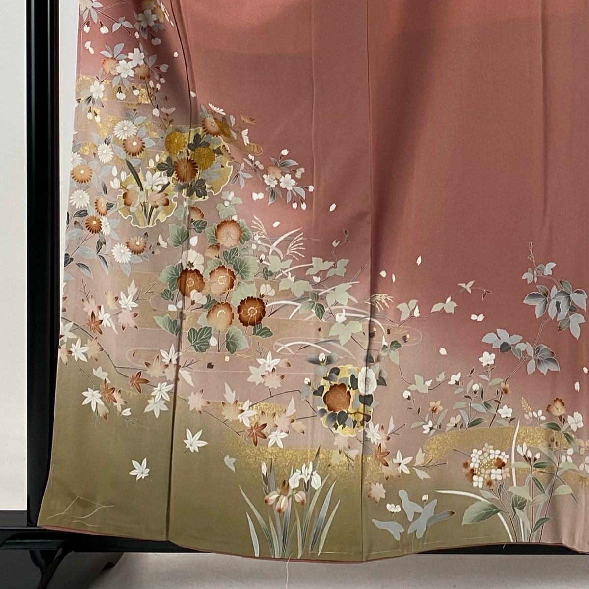 【庫存清倉】 付下 身長156.5cm 袖長63cm S 雙層 落款有 雪輪 草花紋 金銀彩 粉紅 純蠶絲 優品級