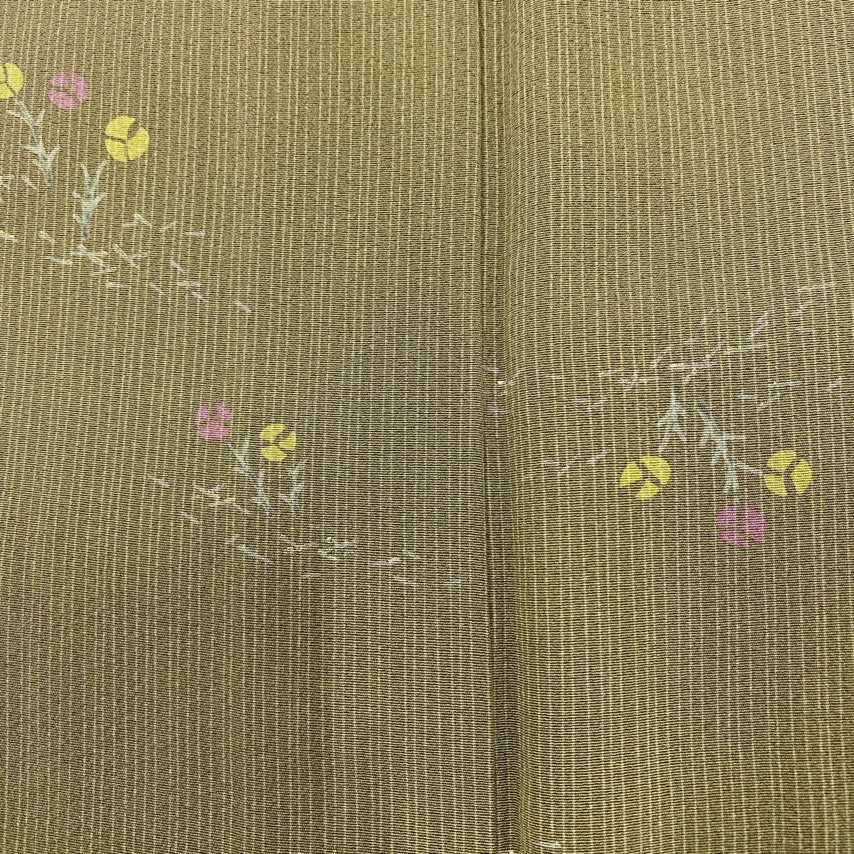 【庫存清倉】 小紋 身長163.5cm 袖長65cm M 單層 草花紋 縱條 茶綠 純蠶絲 優品級