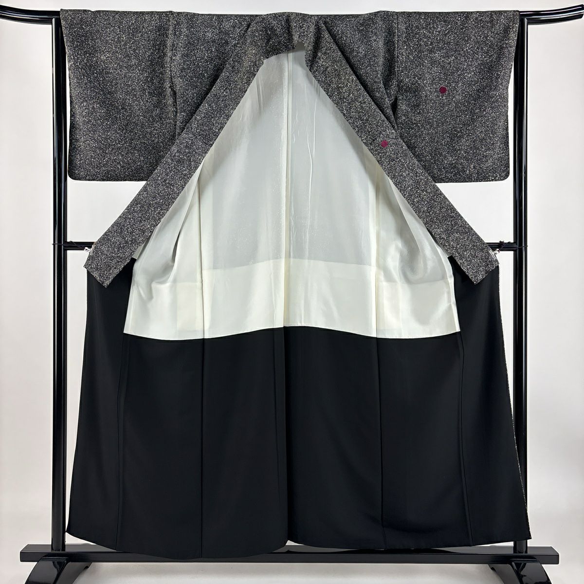 【庫存清倉】 付下 身長156.5cm 袖長64.5cm M 雙層 幾何刺繡 黑灰 純蠶絲 優品級