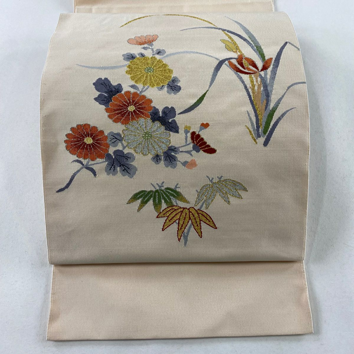 【庫存清倉】 名古屋帶 優品級 隧道仕立 菊花花 竹子葉 金銀線 淺粉色 純蠶絲