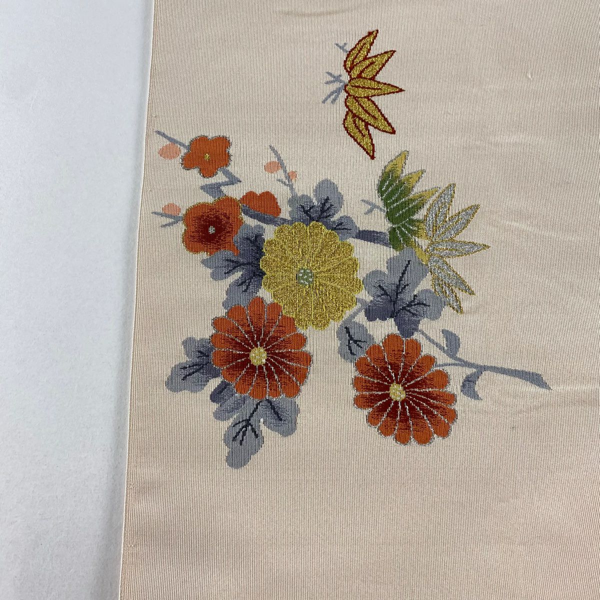 【庫存清倉】 名古屋帶 優品級 隧道仕立 菊花花 竹子葉 金銀線 淺粉色 純蠶絲