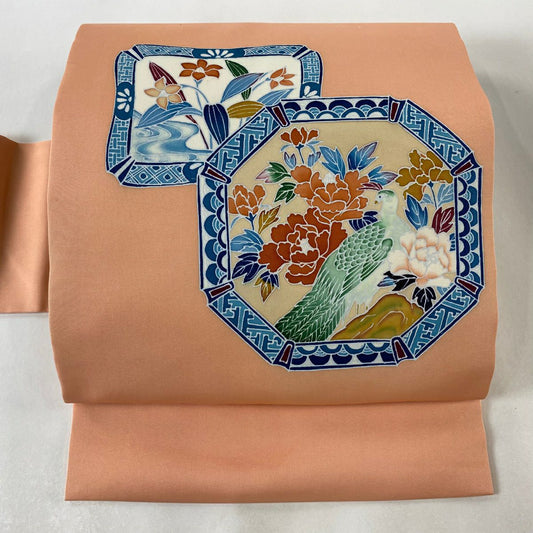 【庫存清倉】 名古屋帶 優品級 器物 花鳥 鮭粉色 純蠶絲