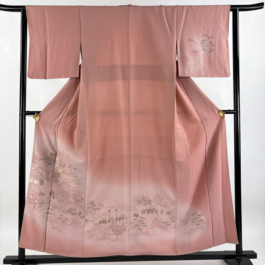 【庫存清倉】 付下 身長154.5cm 袖長62.5cm S 雙層 人物 建築 刺繡 漸層 粉米色 純蠶絲 優品級