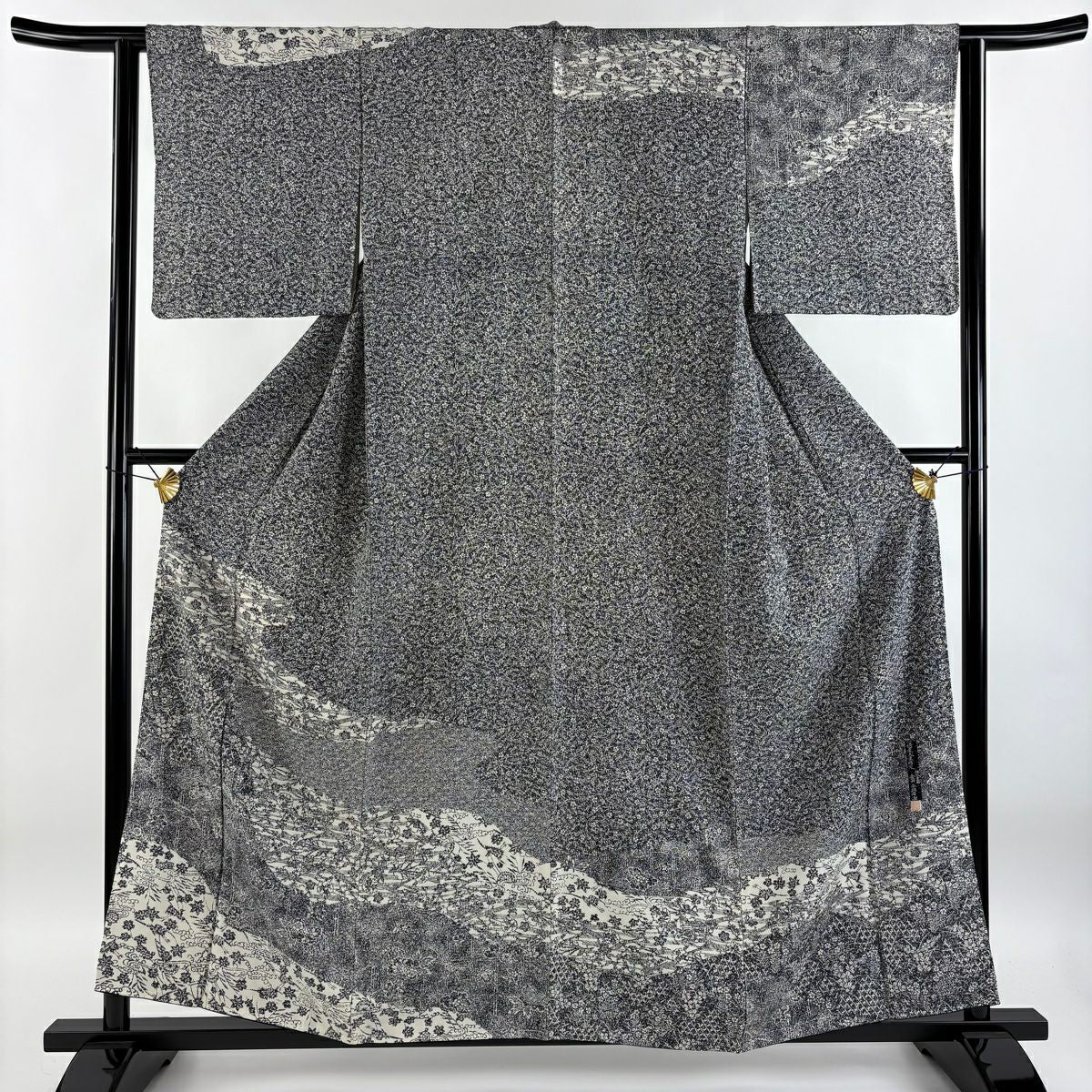 【庫存清倉】訪問服 身長158cm 袖長62.5cm S 雙層 落款有 枝花 青海波 黑灰 純蠶絲 優品級