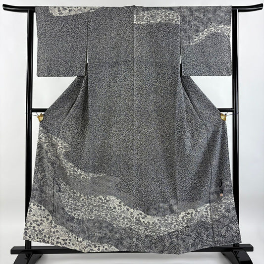 【庫存清倉】訪問服 身長158cm 袖長62.5cm S 雙層 落款有 枝花 青海波 黑灰 純蠶絲 優品級