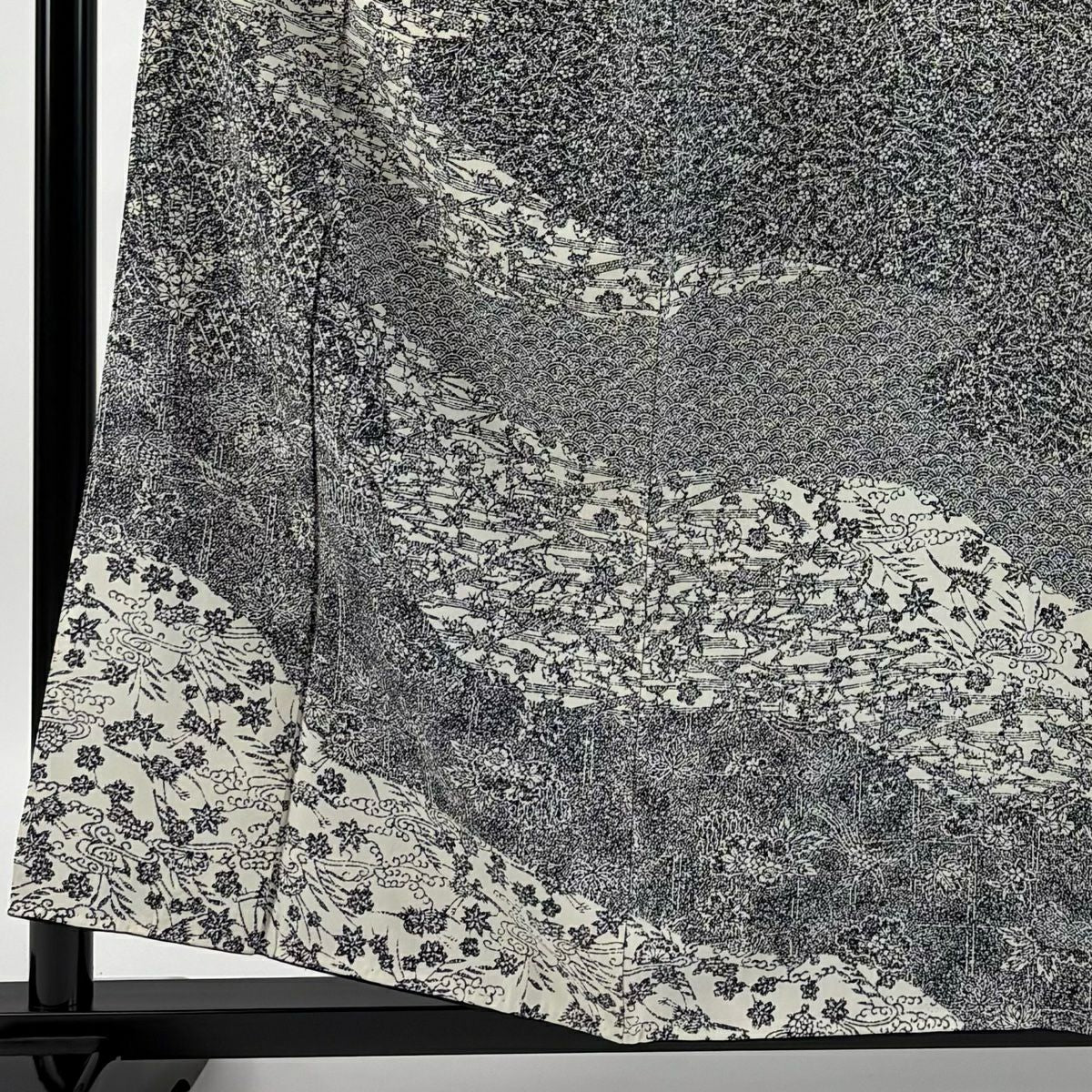 【庫存清倉】訪問服 身長158cm 袖長62.5cm S 雙層 落款有 枝花 青海波 黑灰 純蠶絲 優品級