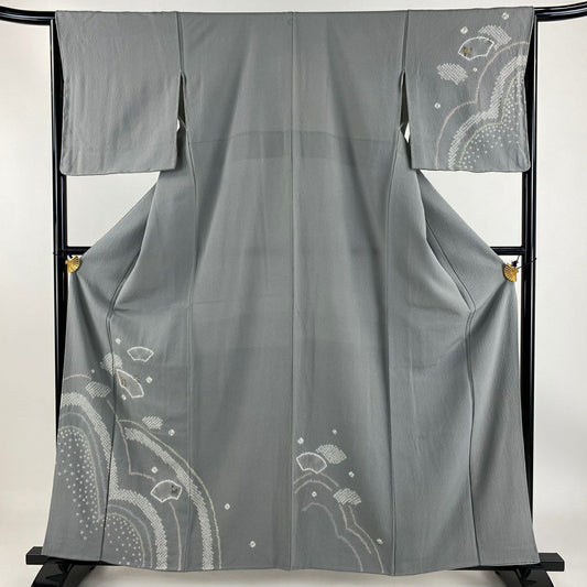 【庫存清倉】 付下 身長159.5cm 袖長64.5cm M 雙層 扇子面 草花紋刺繡 絞染 灰 純蠶絲 優品級 一個紋