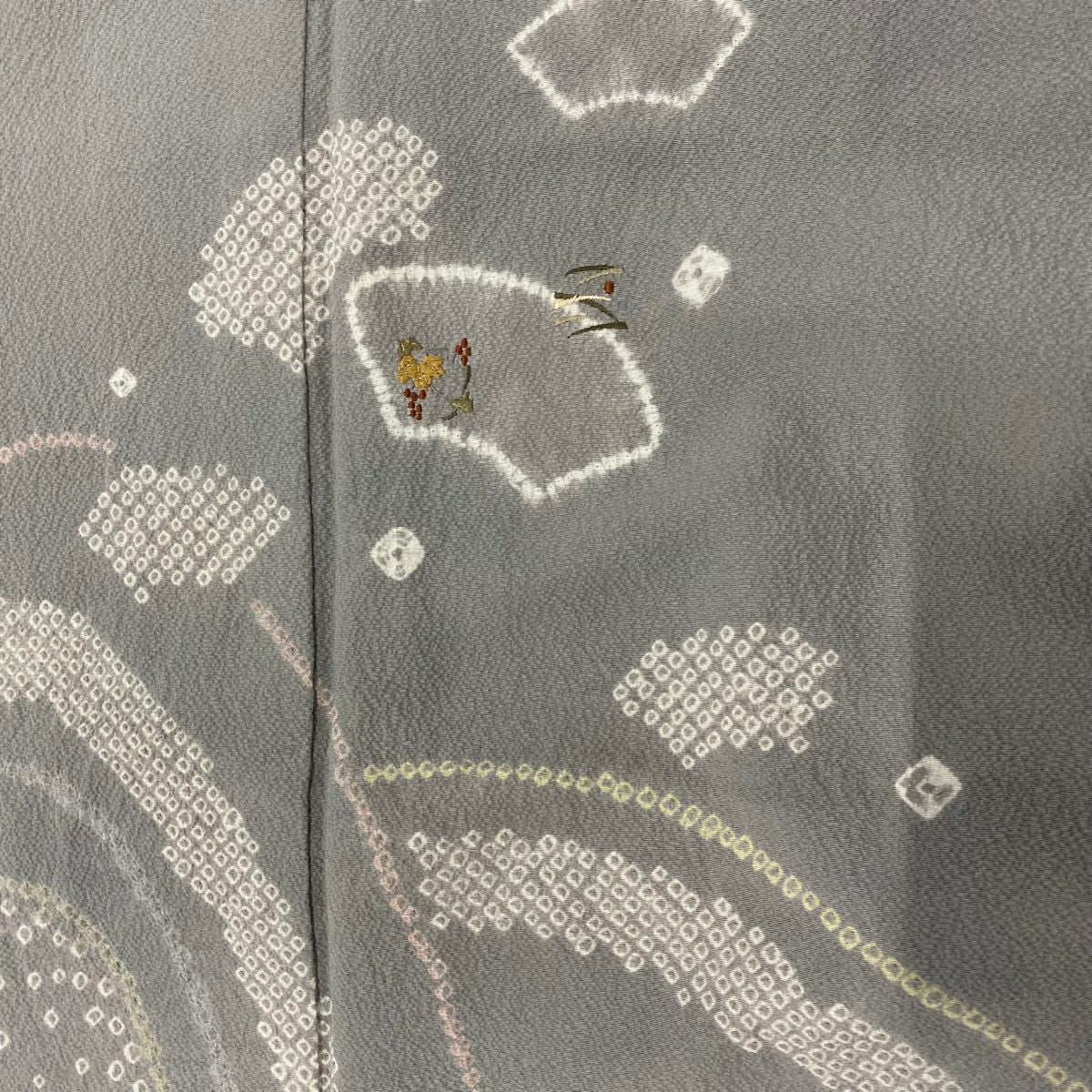 【庫存清倉】 付下 身長159.5cm 袖長64.5cm M 雙層 扇子面 草花紋刺繡 絞染 灰 純蠶絲 優品級 一個紋