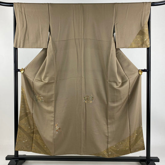 【庫存清倉】 付下 身長153cm 袖長67cm M 雙層 鳳凰 草花紋紋 金金箔 金銀彩 灰茶 純蠶絲 優品級
