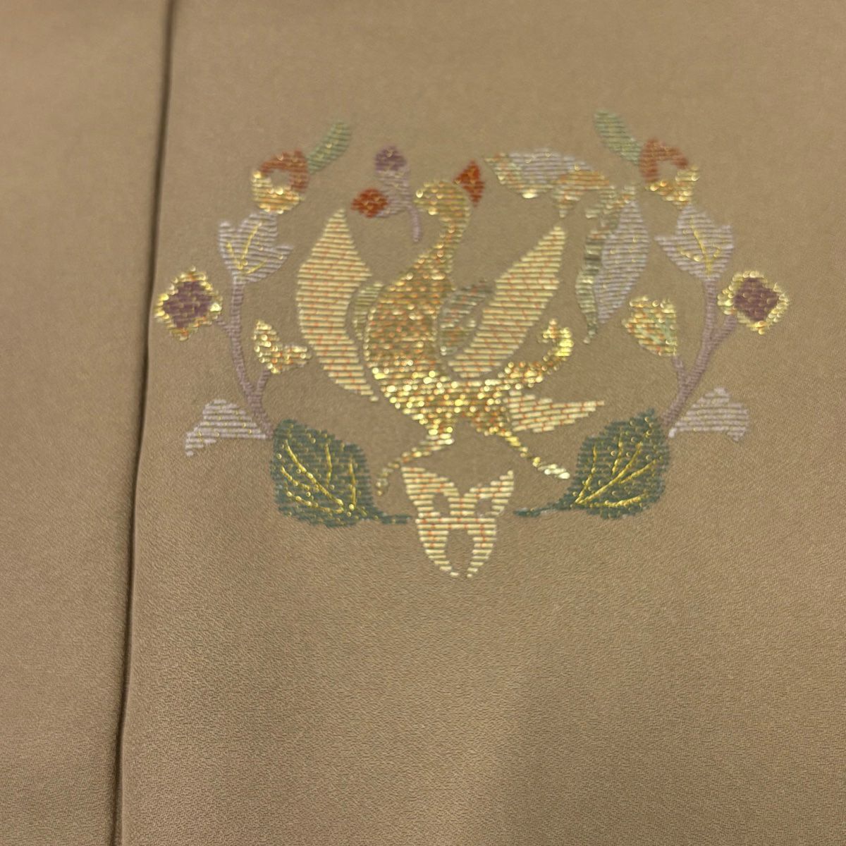 【庫存清倉】 付下 身長153cm 袖長67cm M 雙層 鳳凰 草花紋紋 金金箔 金銀彩 灰茶 純蠶絲 優品級