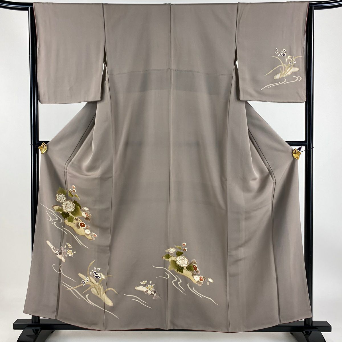 【庫存清倉】 付下 身長158cm 袖長64cm M 雙層 草花紋紋 萬壽菊花 刺繡 金銀彩 淺小豆色 純蠶絲 優品級