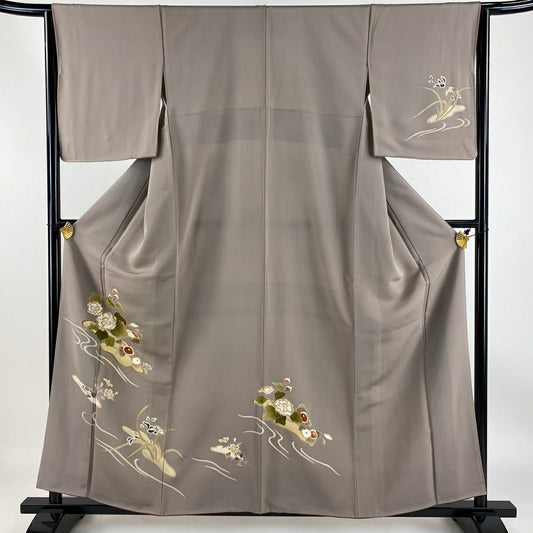【庫存清倉】 付下 身長158cm 袖長64cm M 雙層 草花紋紋 萬壽菊花 刺繡 金銀彩 淺小豆色 純蠶絲 優品級