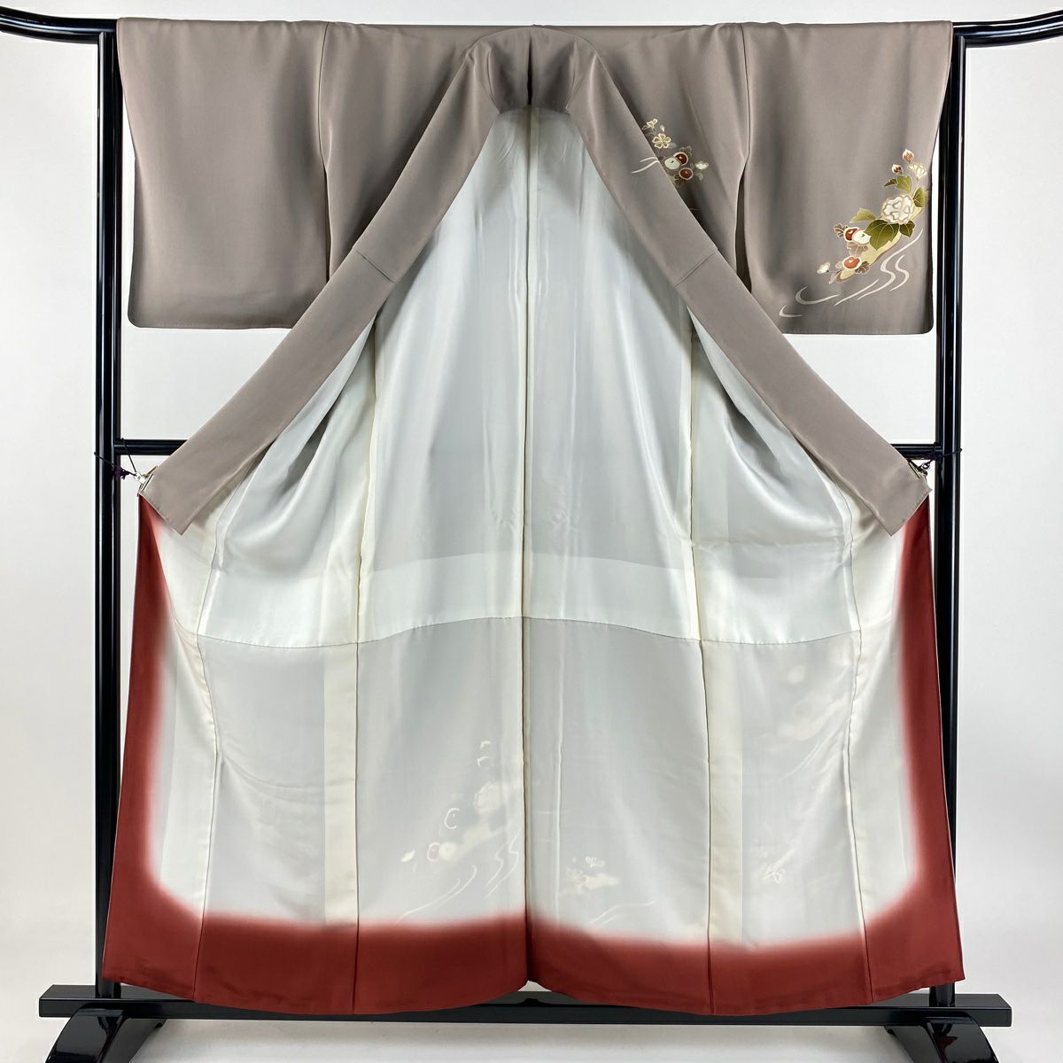 【庫存清倉】 付下 身長158cm 袖長64cm M 雙層 草花紋紋 萬壽菊花 刺繡 金銀彩 淺小豆色 純蠶絲 優品級