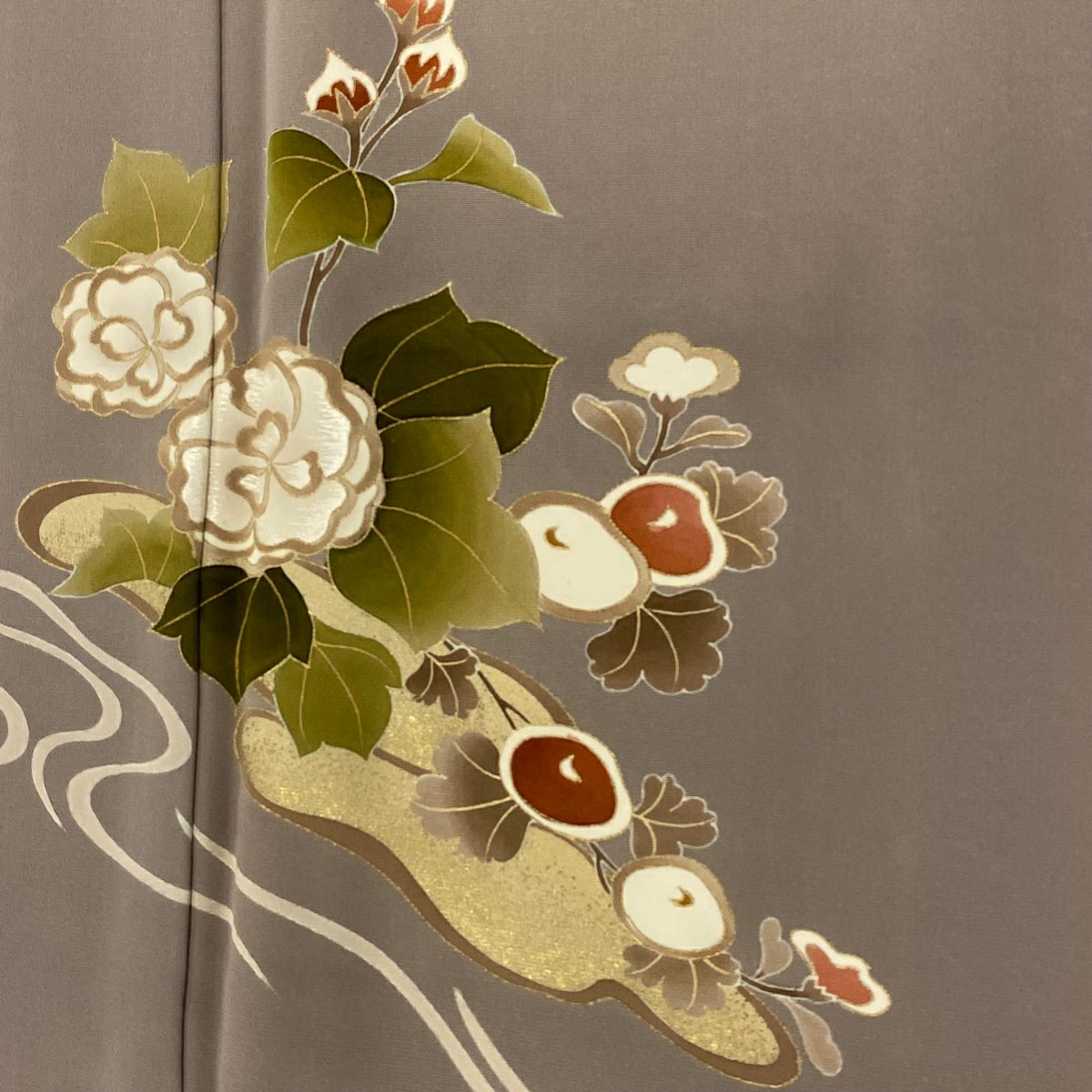 【庫存清倉】 付下 身長158cm 袖長64cm M 雙層 草花紋紋 萬壽菊花 刺繡 金銀彩 淺小豆色 純蠶絲 優品級
