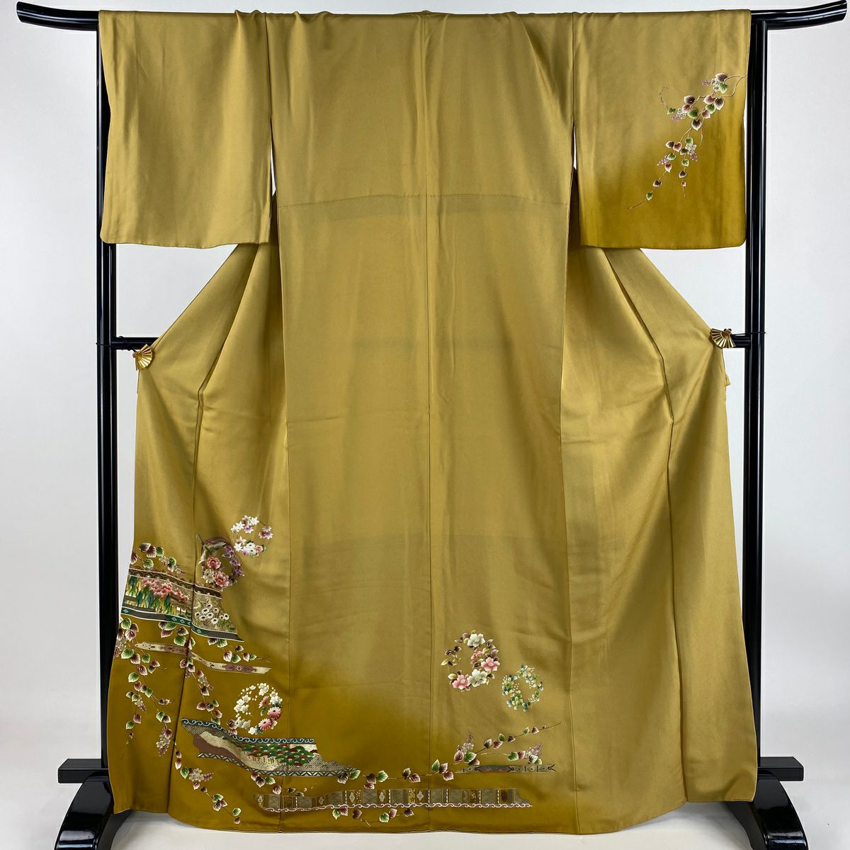 【庫存清倉】訪問服 身長169.5cm 袖長68cm L 雙層 花丸紋 家屋 金銀彩 漸層 山吹茶 純蠶絲 優品級