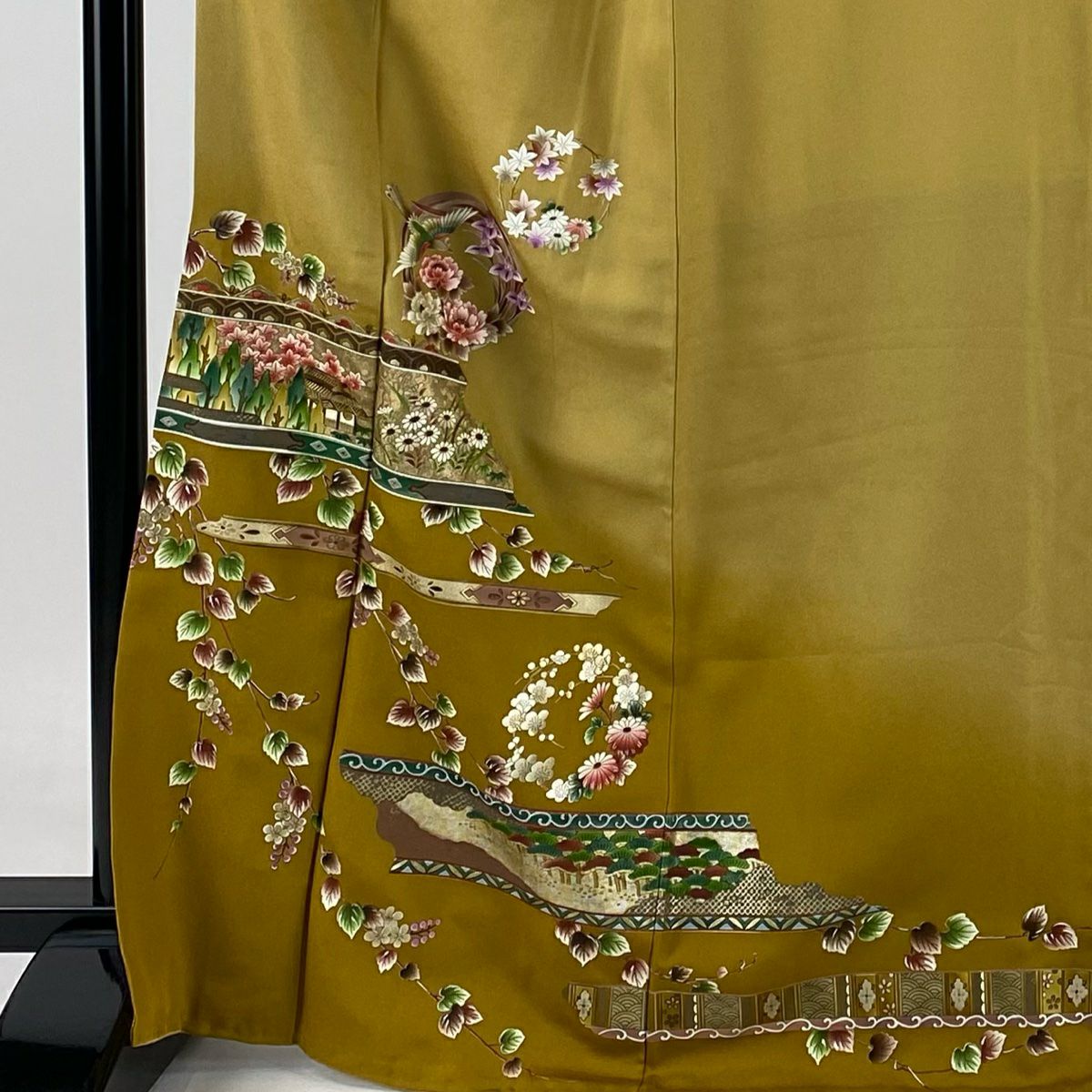 【庫存清倉】訪問服 身長169.5cm 袖長68cm L 雙層 花丸紋 家屋 金銀彩 漸層 山吹茶 純蠶絲 優品級