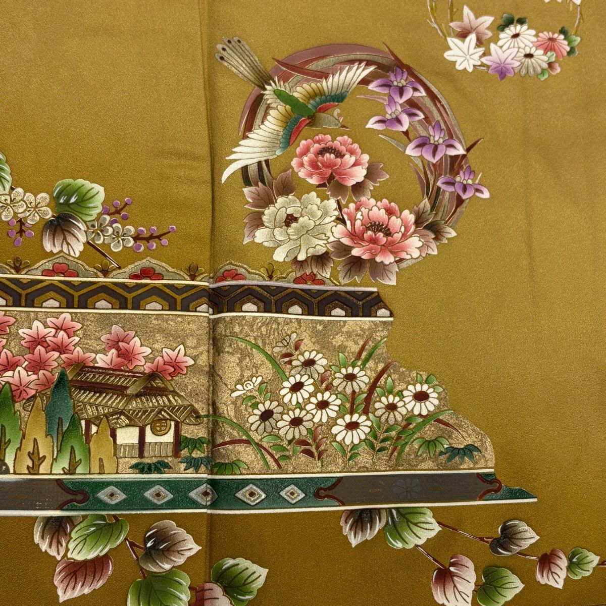 【庫存清倉】訪問服 身長169.5cm 袖長68cm L 雙層 花丸紋 家屋 金銀彩 漸層 山吹茶 純蠶絲 優品級