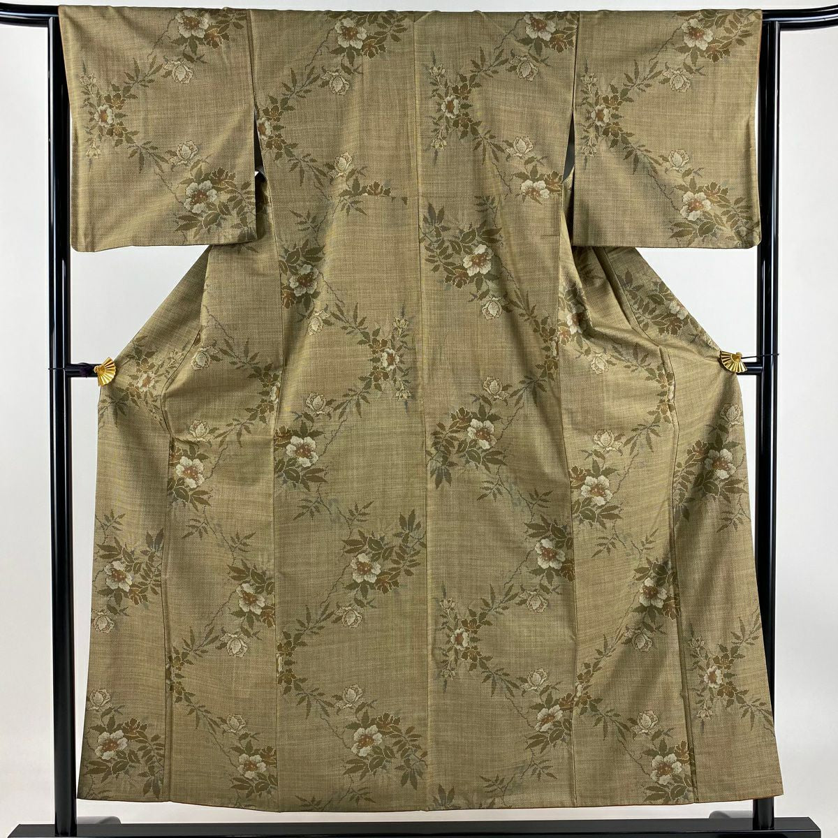 【庫存清倉】 紬織 身長156cm 袖長64cm M 雙層 草花紋 茶綠 純蠶絲 美品 秀品級