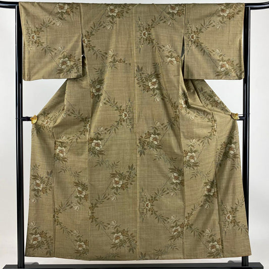 【庫存清倉】 紬織 身長156cm 袖長64cm M 雙層 草花紋 茶綠 純蠶絲 美品 秀品級