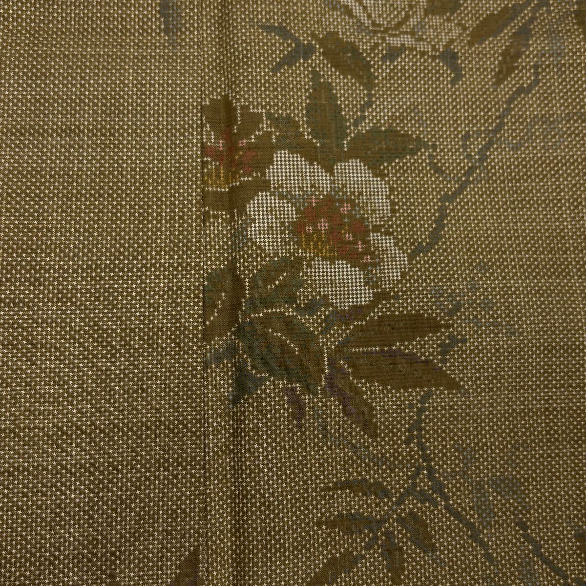 【庫存清倉】 紬織 身長156cm 袖長64cm M 雙層 草花紋 茶綠 純蠶絲 美品 秀品級