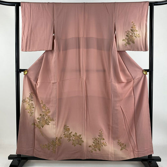 【清倉特賣】 付下 身長157cm 袖長62.5cm S 雙層 草花紋紋 金糸 漸層 粉紅 純蠶絲 優品級