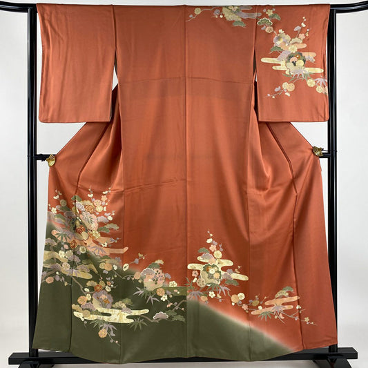 【庫存清倉】訪問服 身長156cm 袖長63cm S 雙層 雪輪 松樹竹子梅花 金銀彩 染分 橙色 純蠶絲 美品 秀品級