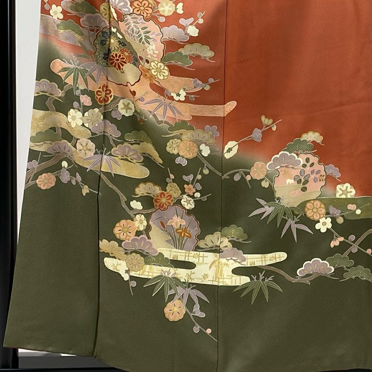 【庫存清倉】訪問服 身長156cm 袖長63cm S 雙層 雪輪 松樹竹子梅花 金銀彩 染分 橙色 純蠶絲 美品 秀品級