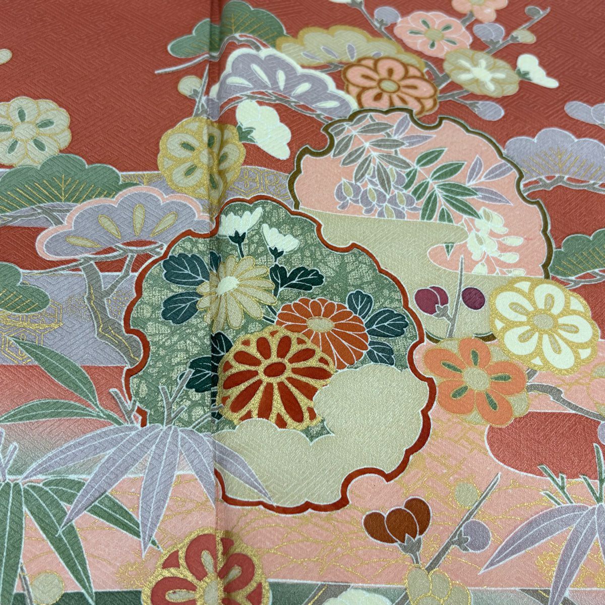 【庫存清倉】訪問服 身長156cm 袖長63cm S 雙層 雪輪 松樹竹子梅花 金銀彩 染分 橙色 純蠶絲 美品 秀品級
