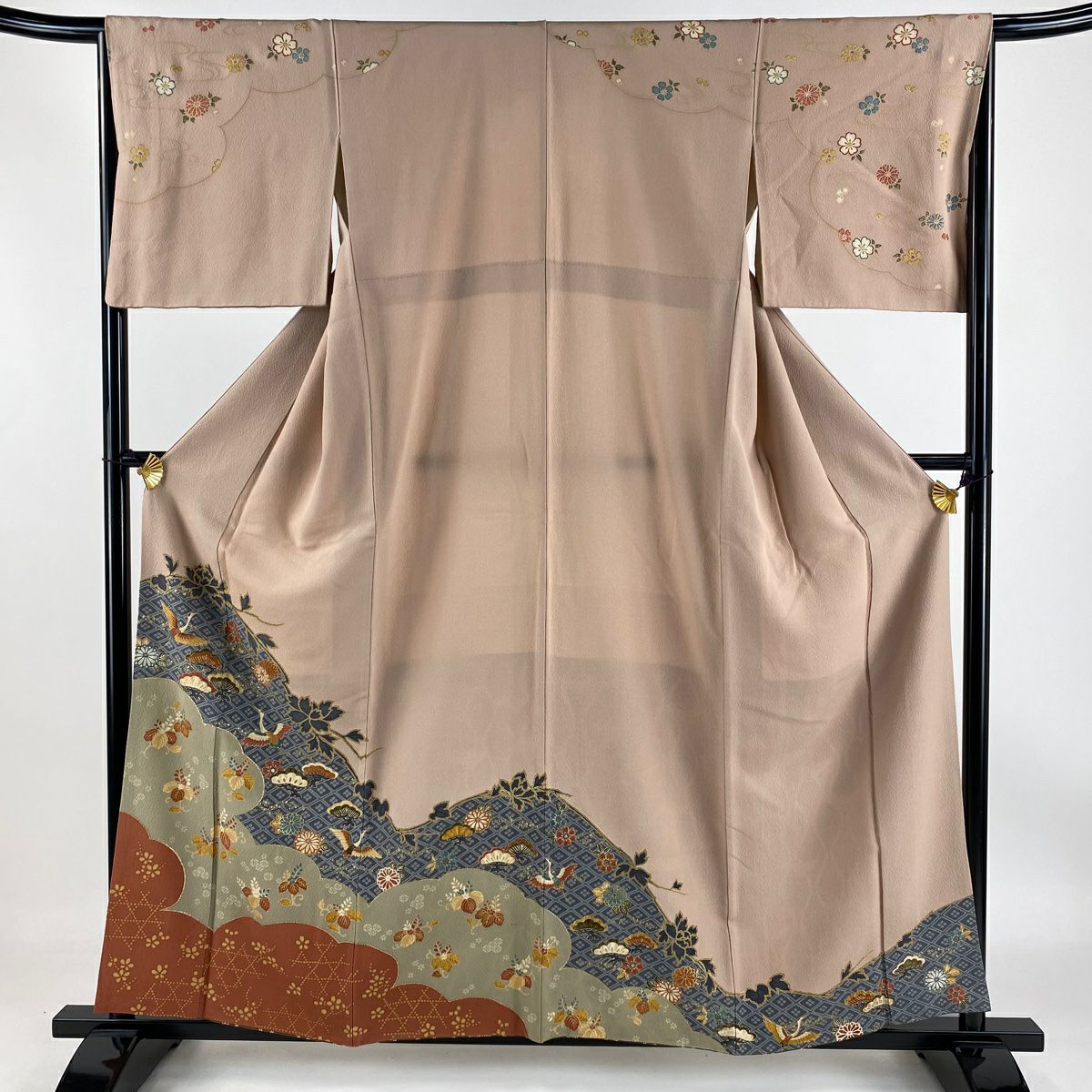 【庫存清倉】訪問服 身長159cm 袖長65cm M 雙層 仙鶴 松樹 金銀彩 粉米色 純蠶絲 優品級