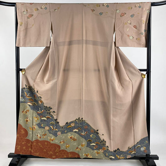 【庫存清倉】訪問服 身長159cm 袖長65cm M 雙層 仙鶴 松樹 金銀彩 粉米色 純蠶絲 優品級