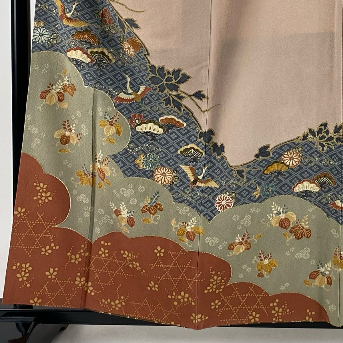 【庫存清倉】訪問服 身長159cm 袖長65cm M 雙層 仙鶴 松樹 金銀彩 粉米色 純蠶絲 優品級