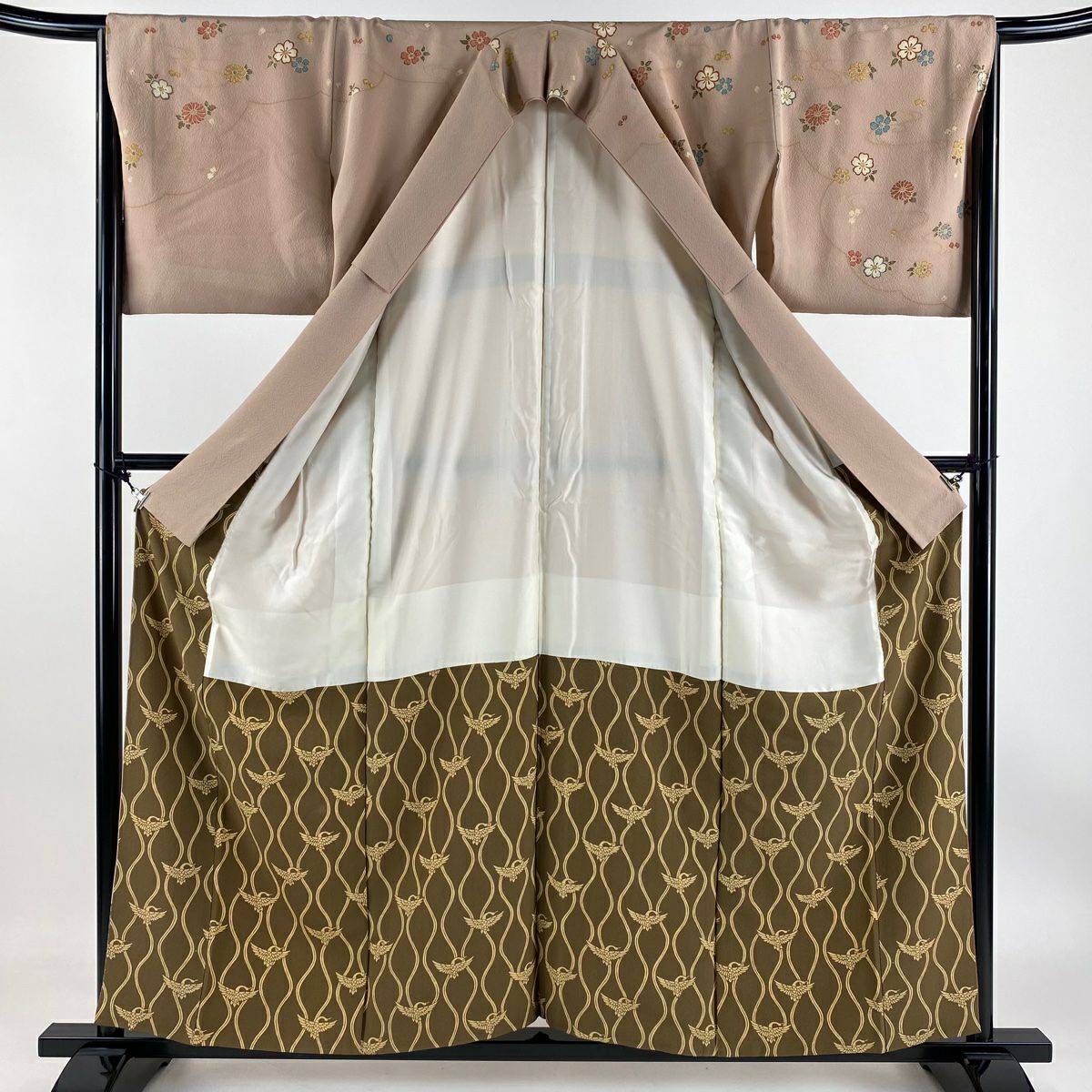 【庫存清倉】訪問服 身長159cm 袖長65cm M 雙層 仙鶴 松樹 金銀彩 粉米色 純蠶絲 優品級