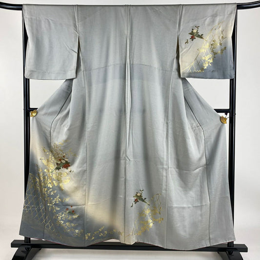 【庫存清倉】訪問服 身長154.5cm 袖長66cm M 雙層 秋草 波 金銀彩 漸層 灰色 純蠶絲 優品級