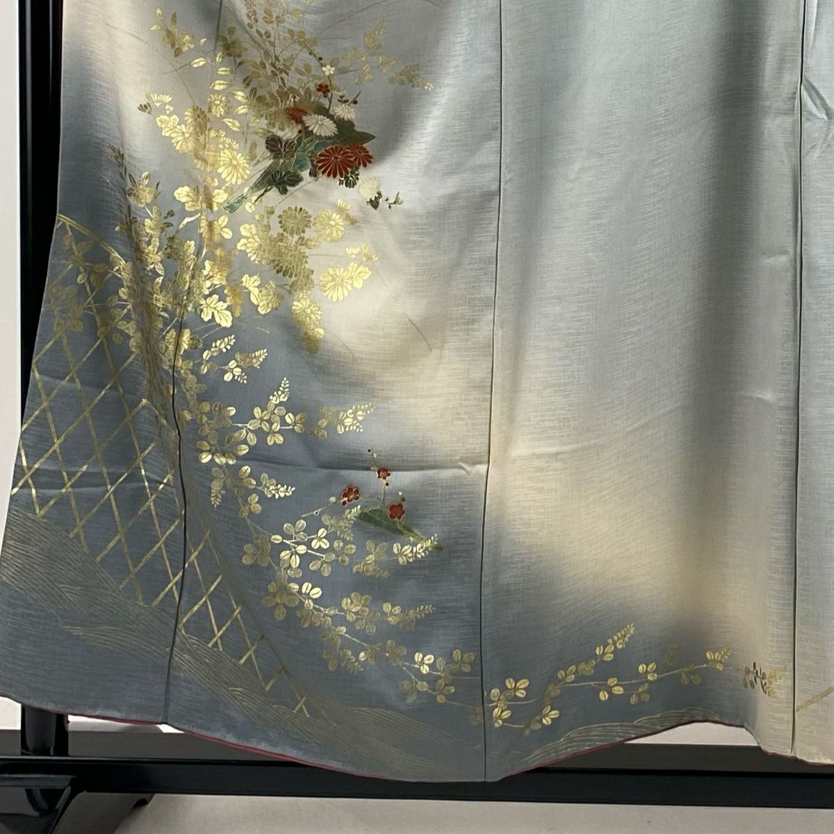 【庫存清倉】訪問服 身長154.5cm 袖長66cm M 雙層 秋草 波 金銀彩 漸層 灰色 純蠶絲 優品級