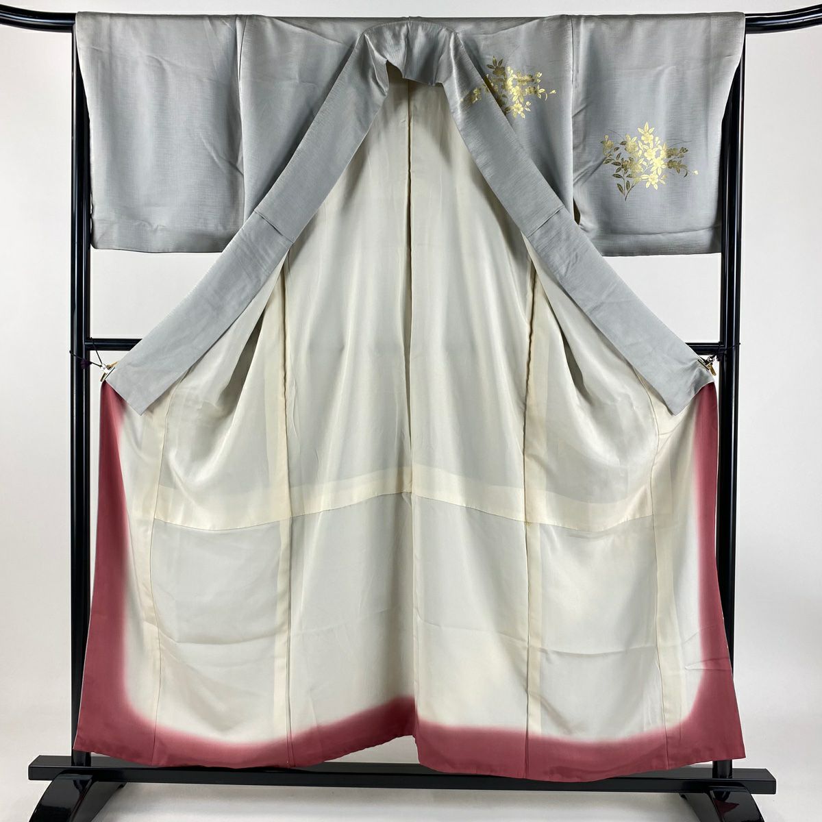 【庫存清倉】訪問服 身長154.5cm 袖長66cm M 雙層 秋草 波 金銀彩 漸層 灰色 純蠶絲 優品級