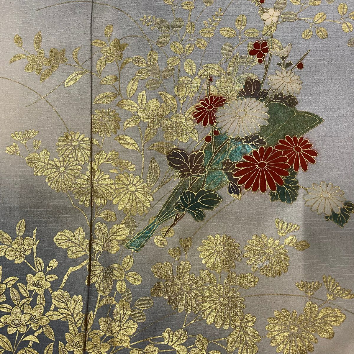 【庫存清倉】訪問服 身長154.5cm 袖長66cm M 雙層 秋草 波 金銀彩 漸層 灰色 純蠶絲 優品級