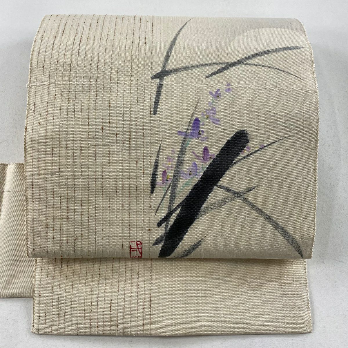 【庫存清倉】 名古屋帶 優品級 附落款 紬織織 草花紋紋 條紋 米色 純蠶絲